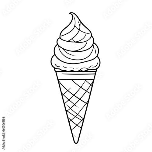 Monochrome line art of a swirled soft-serve ice cream in a textured waffle cone.