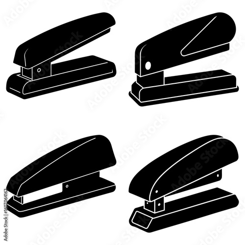 Four black staplers in different angles displayed on a white background in a simple graphic style