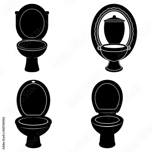 Four toilet illustrations in black and white showing different styles and designs on a white background space