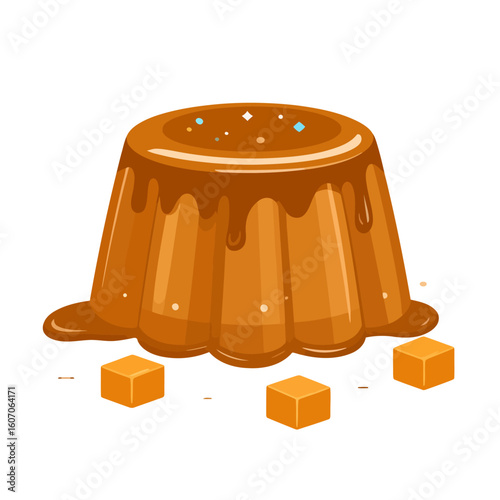 Molded caramel pudding with glossy dripping sauce, colorful sprinkles, and caramel candy cubes.