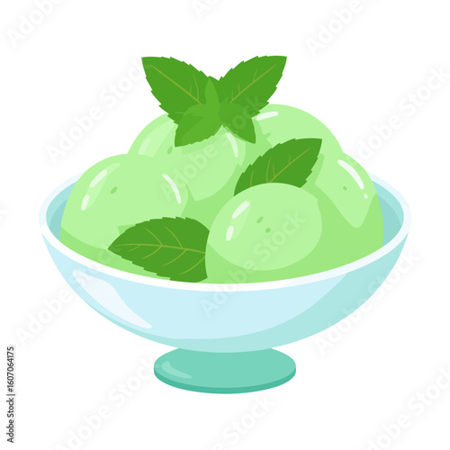 Shiny light green mint ice cream scoops garnished with fresh mint leaves in a light blue footed bowl.
