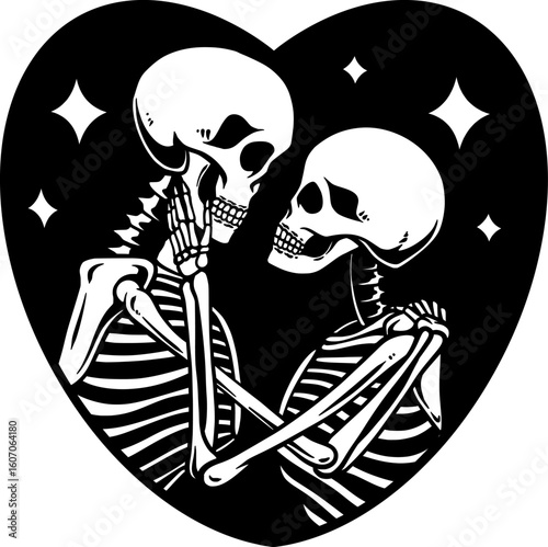 Eternal Love: A striking monochrome illustration depicts two skeletal figures embracing within the embrace of a heart, set against a starlit night sky, radiating an aura of enduring love.