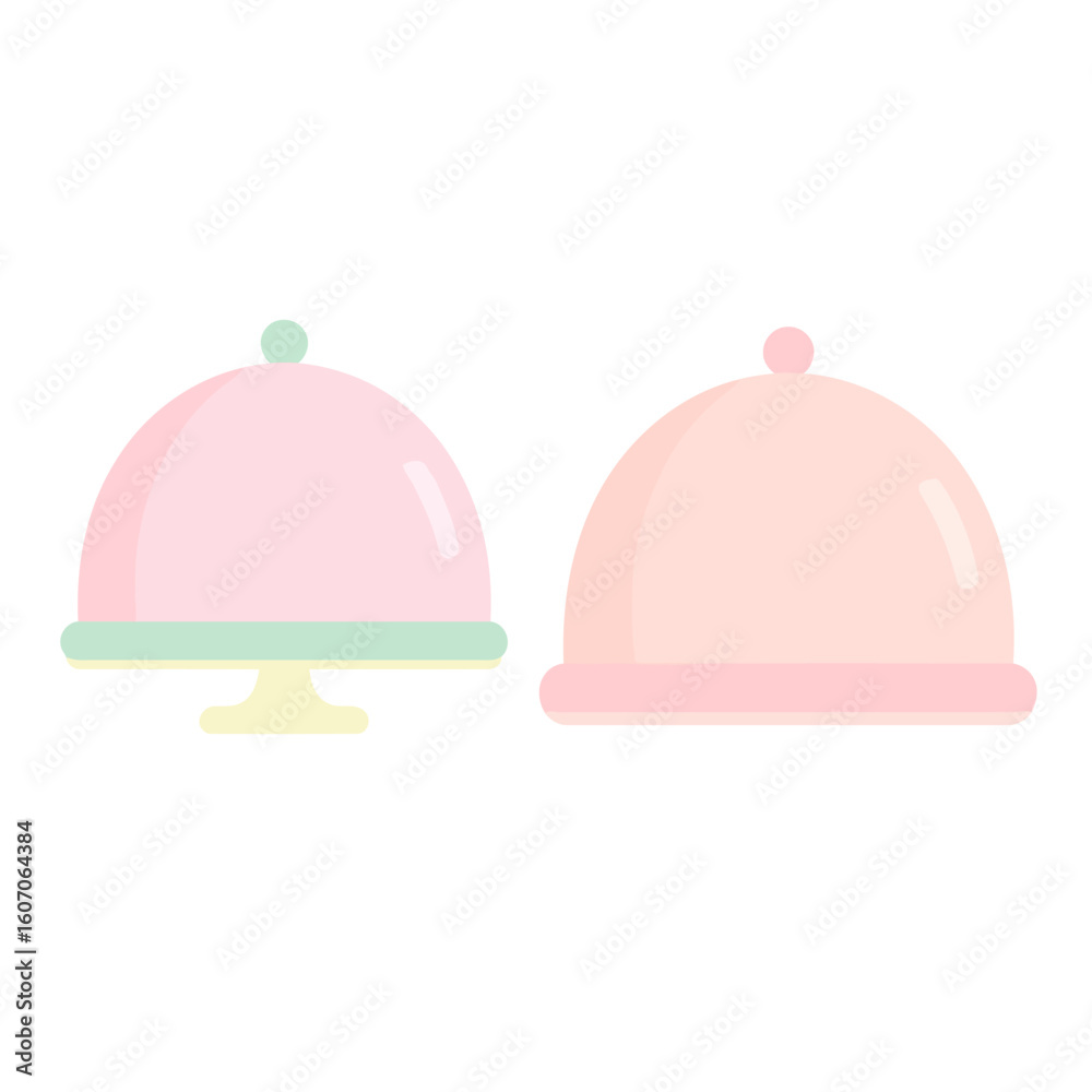 Fototapeta premium Set of two pastel food cloches, one on a stand and one cover, in a flat design.