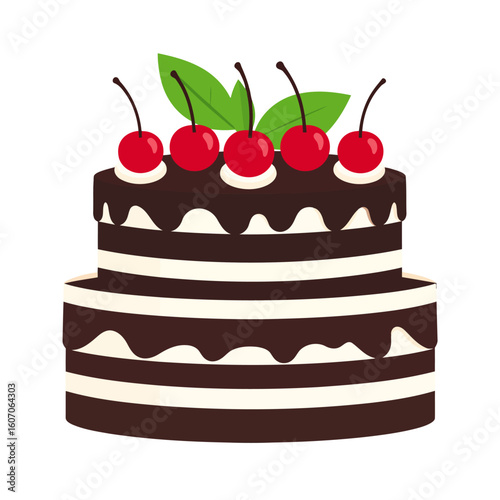 Two-tiered chocolate layer cake with cream frosting, dripping ganache, and cherry topping.
