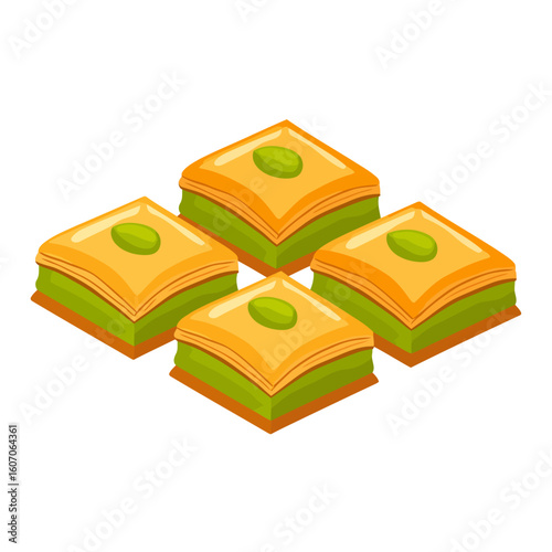 Four diamond-shaped baklava pastries with layered phyllo dough, green pistachio filling, and a single nut topping. Isometric vector illustration.