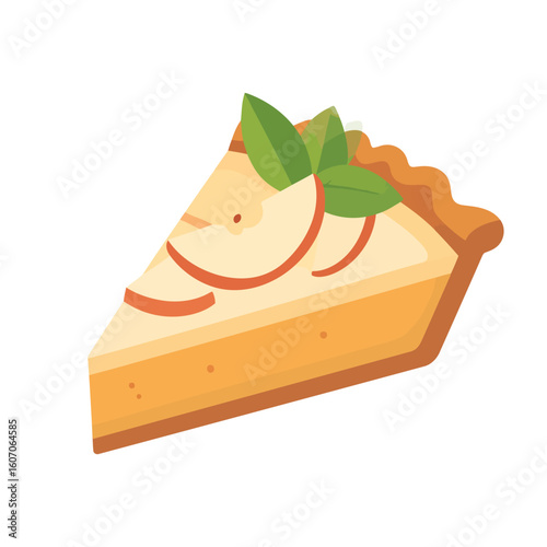 A single slice of creamy apple pie with a golden wavy crust, topped with fresh apple slices and a mint sprig.