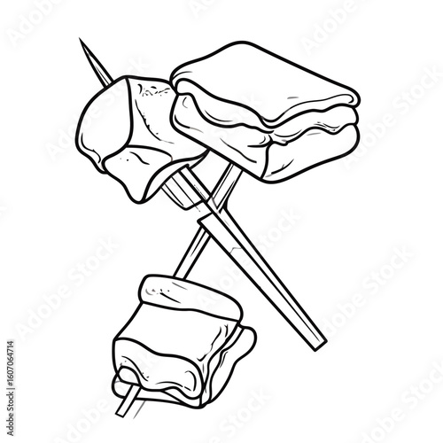 Monochrome line art of three soft marshmallows on crossed wooden skewers for roasting.