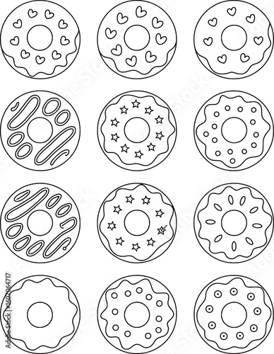 Sweet circular pastries with varied decorative elements donut pastry