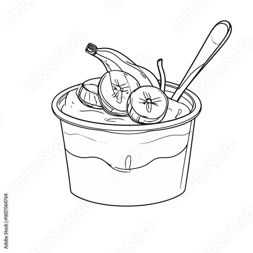 Hand-drawn sketch of a creamy yogurt cup topped with fresh banana slices and a spoon.