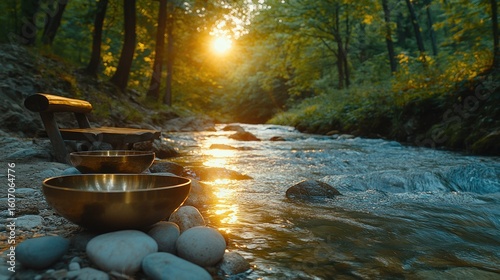 Fototapeta Naklejka Na Ścianę i Meble -  Golden bowls by a sunlit stream in a tranquil forest