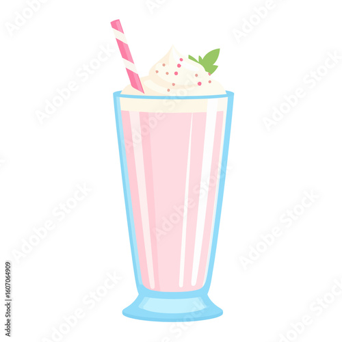 Pink strawberry milkshake in a tall glass with whipped cream, sprinkles, a mint leaf, and a striped straw.