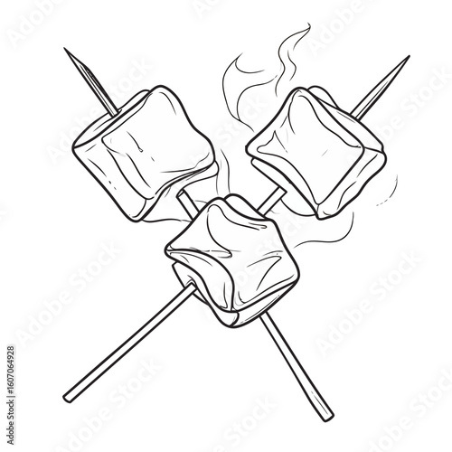 Three smoking marshmallows skewered on crossed sticks in a detailed black and white line art illustration.