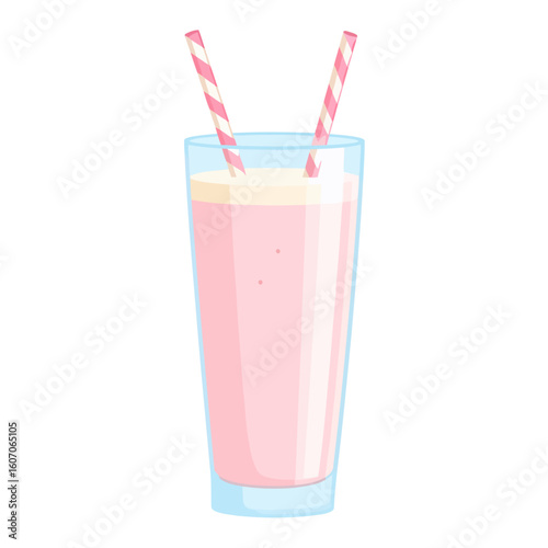 Refreshing pink strawberry milkshake in a tall glass with creamy foam and two retro striped straws.