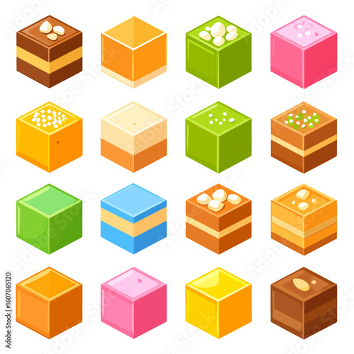 Assortment of colorful layered dessert cubes with nuts and sprinkles in an isometric style.