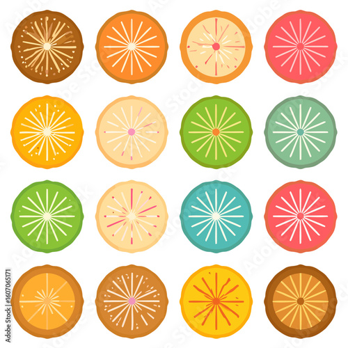 Set of sixteen colorful, stylized citrus fruit slice icons with geometric radial patterns.