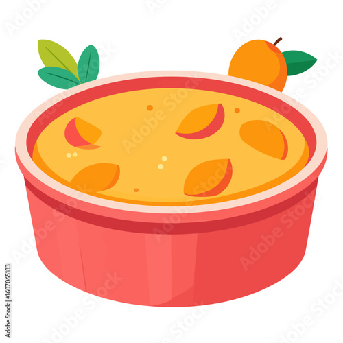Creamy apricot pudding with fresh fruit slices served in a vibrant red bowl.