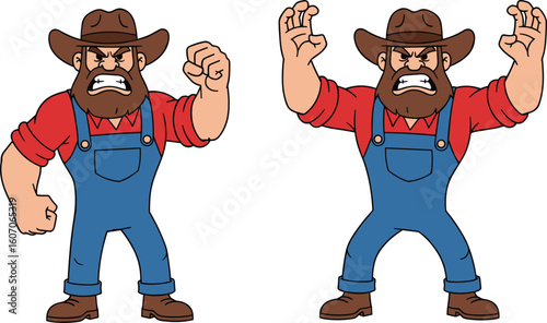 Angry cartoon farmer character in overalls, red shirt and cowboy hat, strong muscular man yelling with fists and rage expression