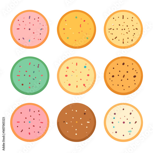 Colorful set of nine round cookies with various frostings, sprinkles, and chocolate chips in a flat vector style.