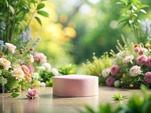 Pastel Product Display: Sleek Rectangle on Circular Base with Vibrant Flowers & Lush Leaves - Tilt-Shift Photography