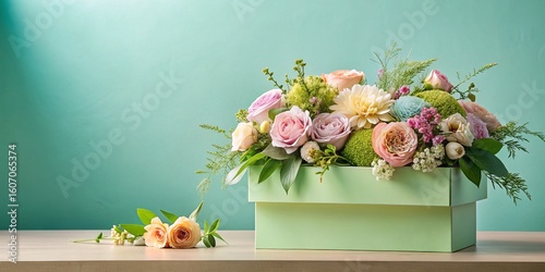 Pastel Rectangular Object on Stand with Minimalist Floral Arrangement - Panoramic Stock Photo