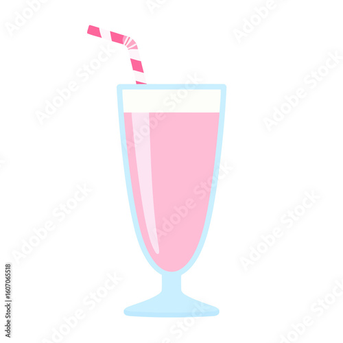A classic pink milkshake with white foam and a striped straw in a tall, light blue glass.