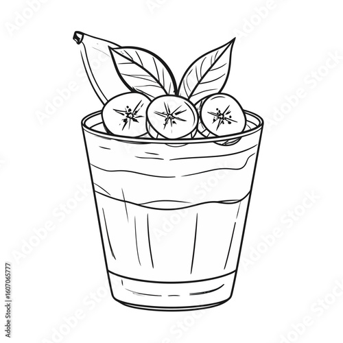 Hand-drawn sketch of a layered banana dessert in a glass, garnished with fruit slices and fresh leaves.