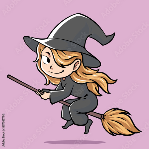 Enchanting Witch on Broomstick: A whimsical depiction of a cheerful witch soaring through the sky on her broomstick, inviting imagination and a touch of magic.