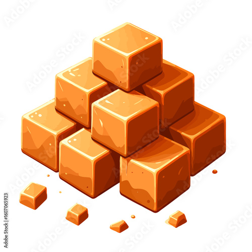 A glossy pyramid stack of golden-brown caramel candy cubes with small crumbs.
