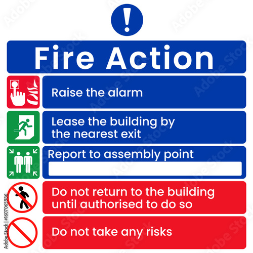Fire action signs. Contain signs and instructions for the actions to be taken in case of fire. Eps10 vector illustration.