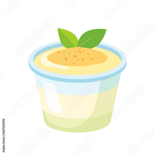 A delicious layered pudding in a clear cup, garnished with fresh green leaves and orange sprinkles.