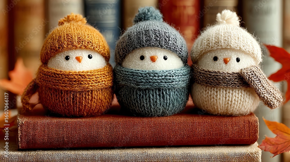 Fototapeta premium Cheerful handmade snowmen adorned in colorful knitted hats and scarves, perfect for celebrating the winter season and adding a cozy touch to your home.