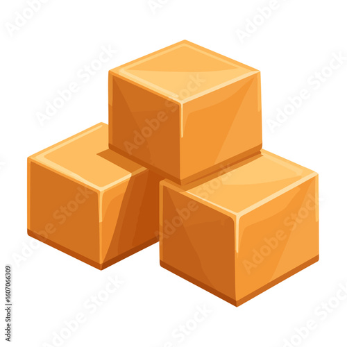 Three stacked glossy caramel candy cubes with a smooth, shiny surface.