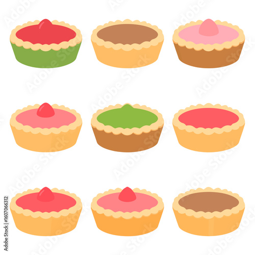A colorful assortment of nine sweet mini tarts with fluted pastry crusts and jam fillings.