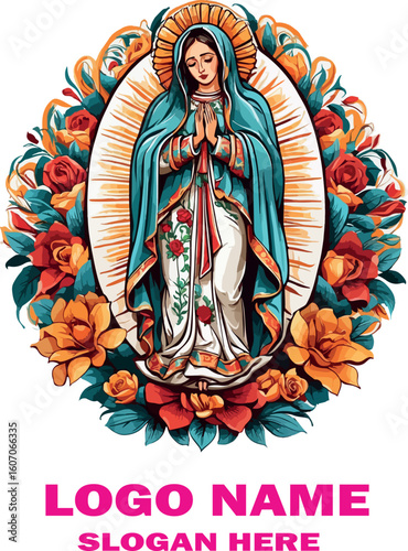 Virgin of Guadalupe Vector Logo Traditional Mexican Religious Icon on White Background .