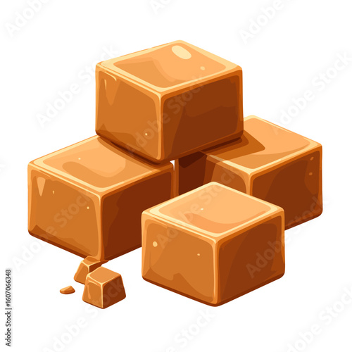 A delicious stack of four shiny, smooth caramel candy cubes with crumbs.