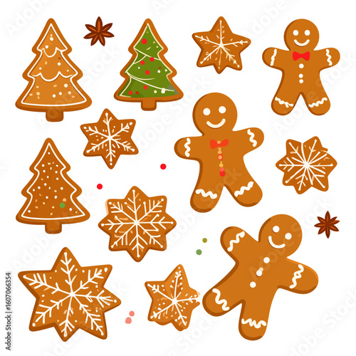 A festive illustrated set of gingerbread cookies, including men, trees, and snowflakes decorated with colorful icing.