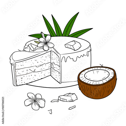Hand-drawn coconut layer cake with a slice removed, decorated with plumeria flowers and fresh coconut.