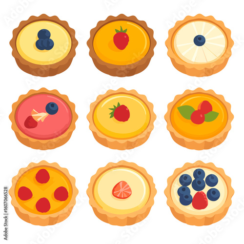 Set of nine colorful illustrated fruit tartlets with creamy custard and fresh berry toppings.