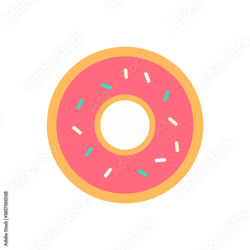 A sweet ring donut with pink frosting and colorful sprinkles, flat vector illustration.