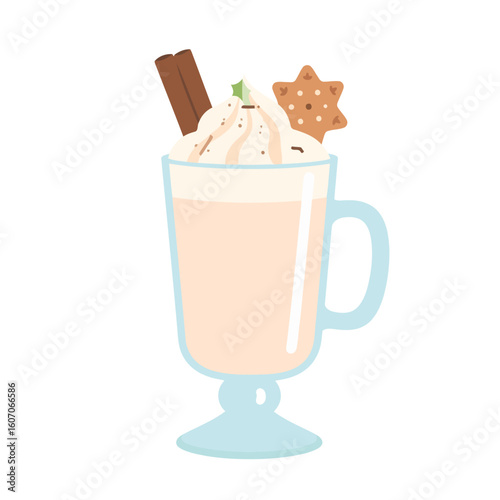 Festive holiday eggnog in a glass mug with whipped cream, cinnamon, and a star cookie.