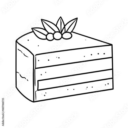 Hand-drawn line art of a three-layer cake slice with a berry and leaf garnish.