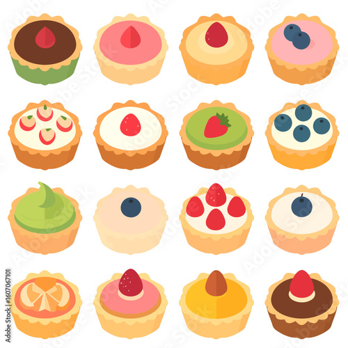 Colorful illustrated collection of sweet dessert tartlets with various fruit and cream toppings in an isometric view.