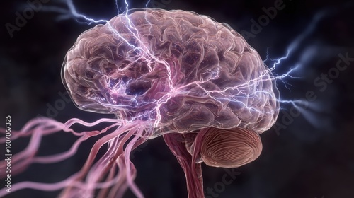 Digital illustration highlighting brain swelling and seizure onset in eclampsia with realistic vascular constriction and electric discharge effects.