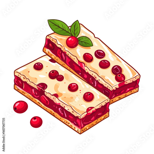 Two illustrated cranberry pie bars with a creamy white glaze, topped with fresh berries and green leaves.