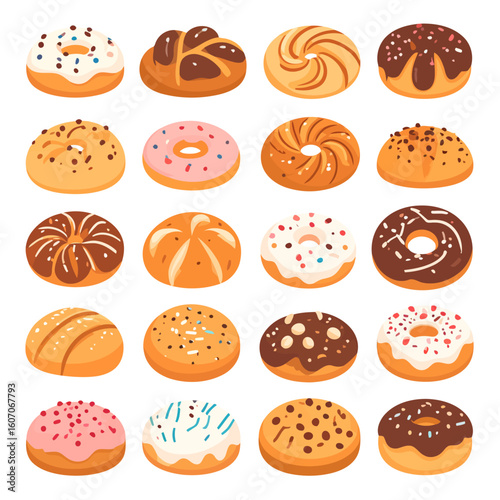 Colorful cartoon set of assorted sweet baked goods, including glazed donuts, buns, and pastries with chocolate, icing, and sprinkles.