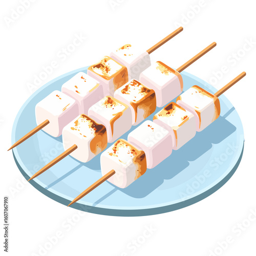 Three skewers of perfectly toasted, cubed marshmallows with golden-brown char, served on a light blue plate.