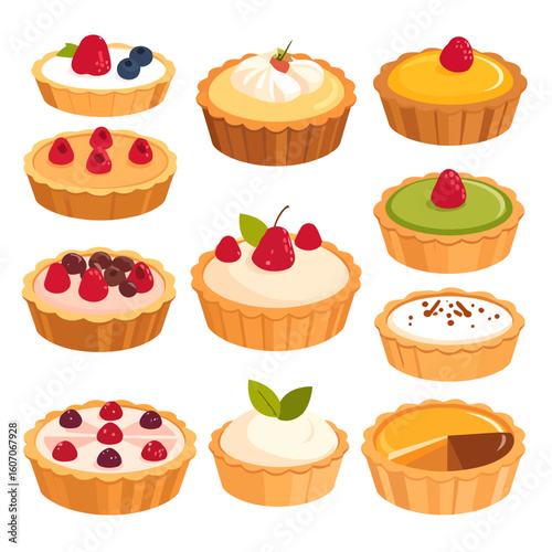 Colorful illustrated collection of assorted fruit and cream tarts and tartlets with fluted crusts.