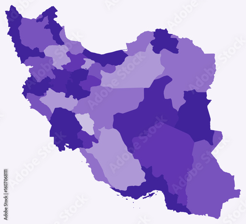 Map of Iran with regions. Just a simple country border map with region division. Deep purple color palette. Blank Islamic Republic of Iran shape with administrative division. Vector illustration.