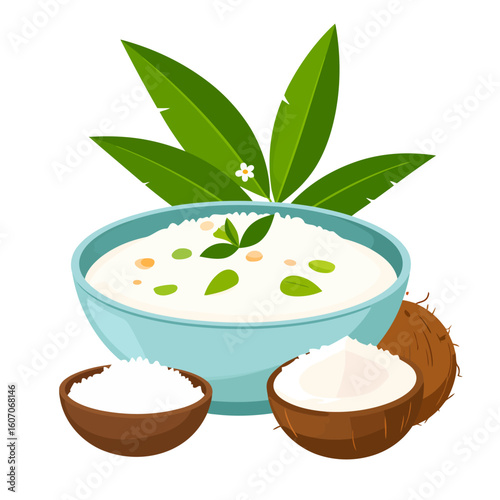 A bowl of creamy coconut pudding with fresh coconut, shredded flakes, and green leaves.