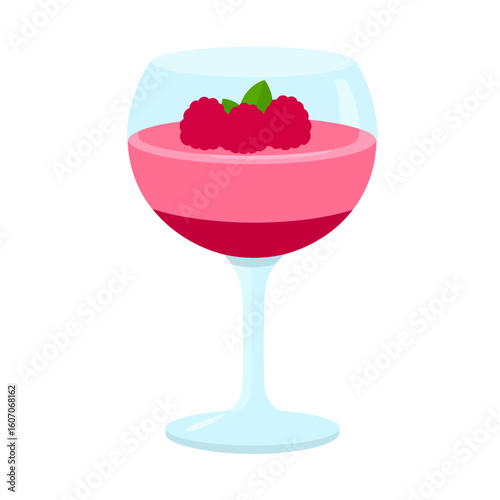 Elegant raspberry mousse dessert in a rounded glass, garnished with fresh berries and mint.